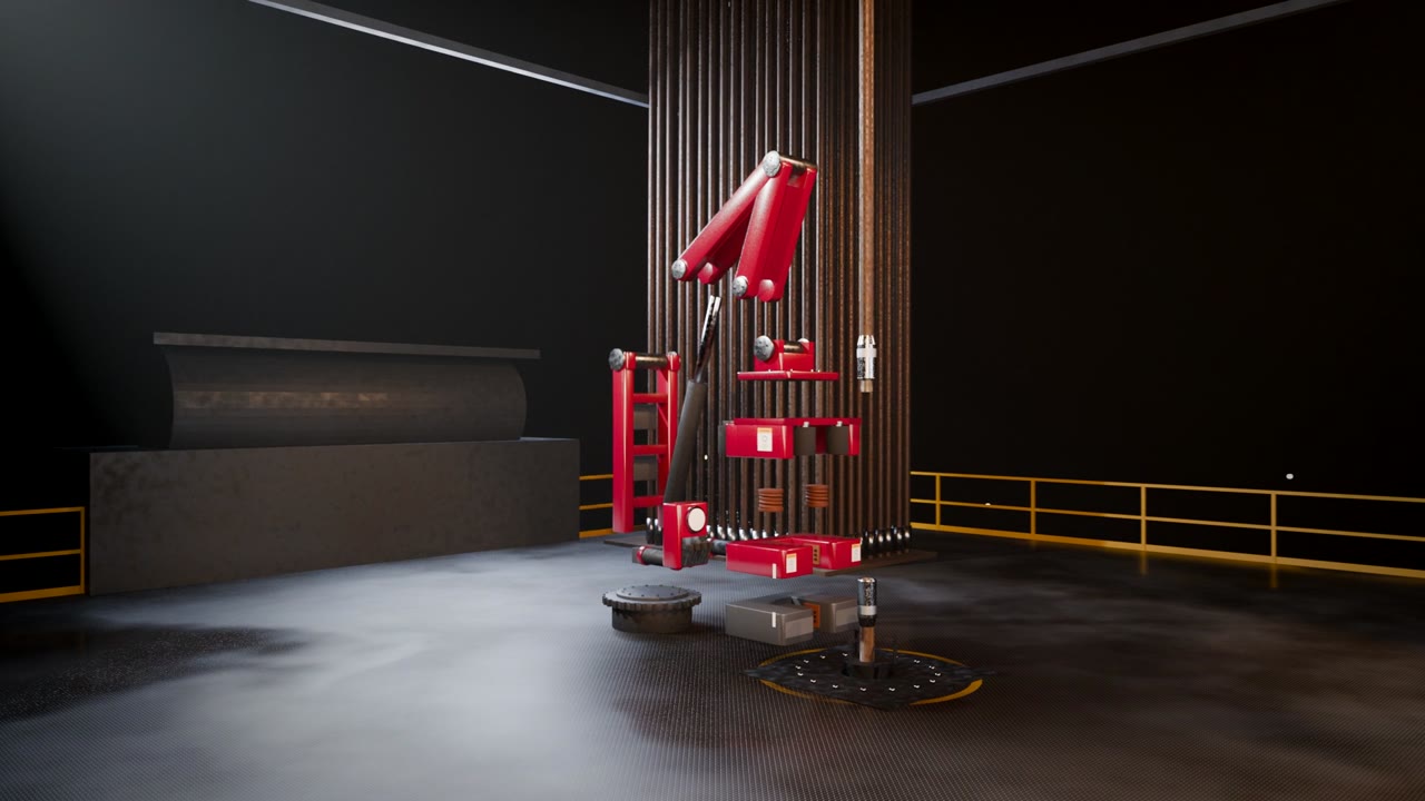 A red iron roughneck taken apart on a dark drill floor, rendered in 3D