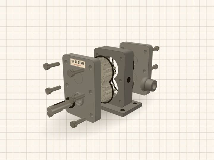 The same pump taken apart along its shaft axis: bolts, covers, bearings and seal spaced out in service order, with the two steel gears in front of the empty body.