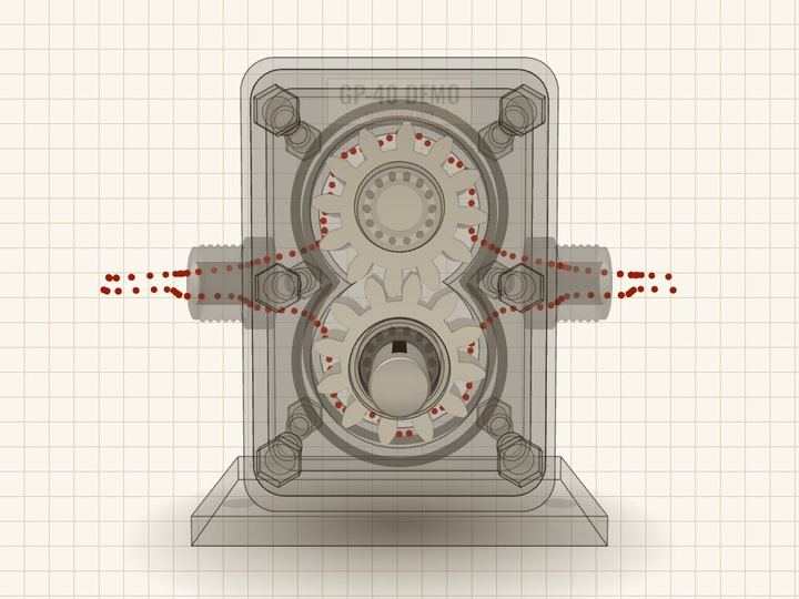 Front view with the housing drawn see-through: red dots enter the inlet on the left, ride the tooth gaps of both gears around the outside wall, and leave at the outlet on the right.