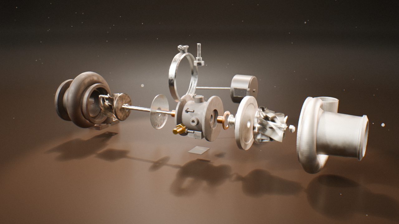 The turbocharger's parts laid out along its shaft