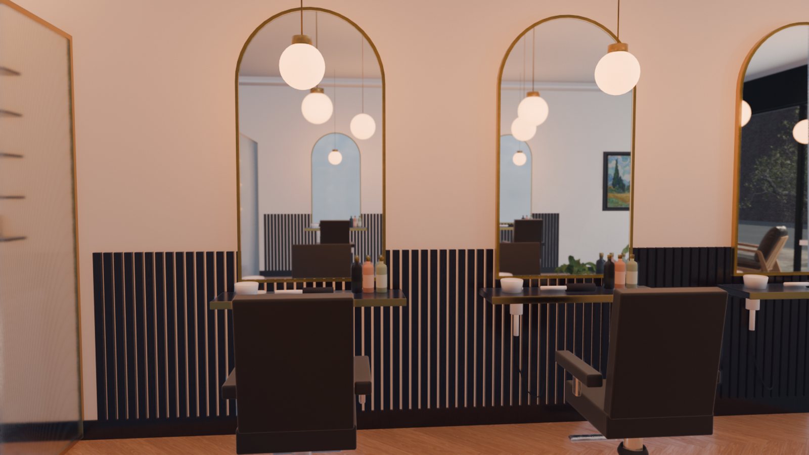 The inside of an invented hair salon rendered in 3D: arched mirrors, globe lights and styling chairs