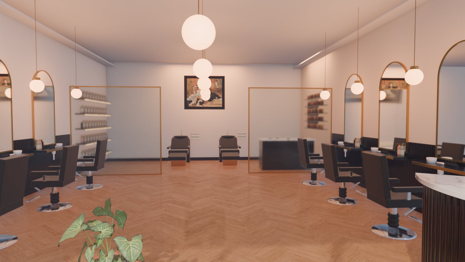 Looking down the concept salon from the front door: herringbone floor, arched mirrors, globe pendants
