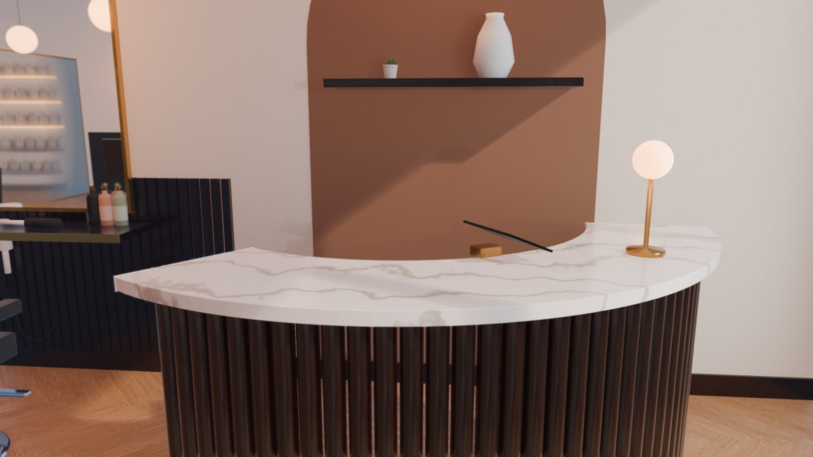 Curved fluted walnut reception desk with a marble top and a clay-plaster arched niche