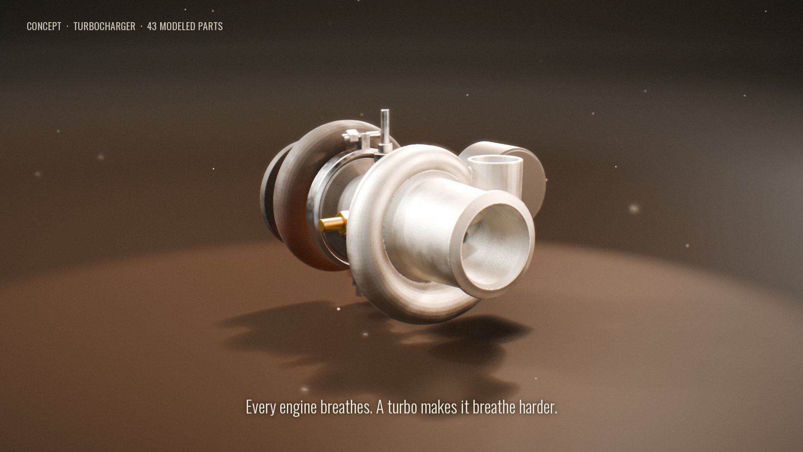 A turbocharger rendered in 3D, its parts pulled apart in a line